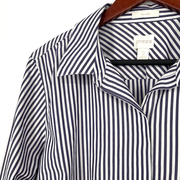 Chicos Sz 2 Large Gold Pin Stripe Metallic Blue Blouse Shirt Top Formal Dinner - Picture 3 of 10